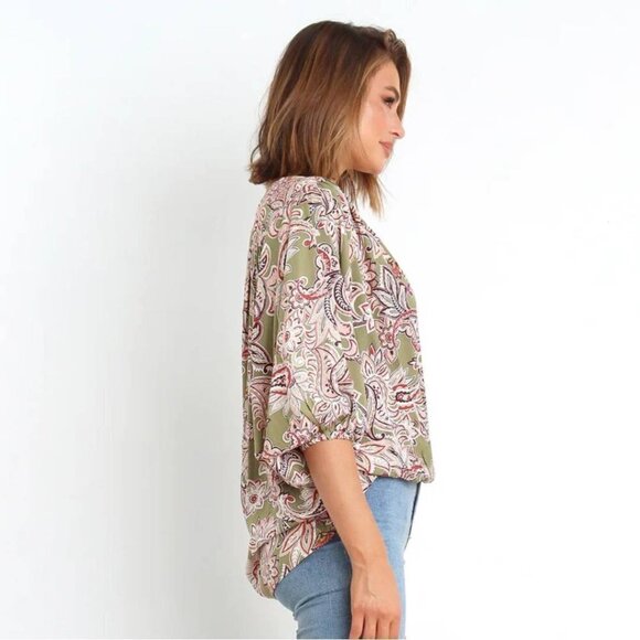NWT Petal & Pup Overlay Rayon Kendra Top - Olive Paisley, size M/L - Picture 4 of 5